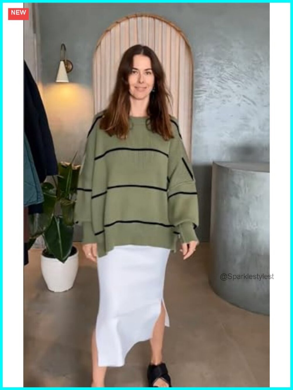 Oversized Ribbed Pullover Sweater Side Slit Mock Neck - Picture 3 of 6